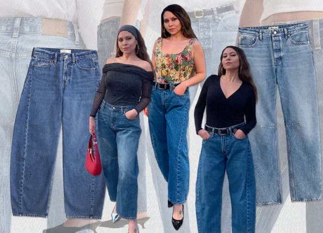 How to Wear Barrel Jeans as a Petite: Editor Stephanie Maida wearing barrel jeans three ways, collage