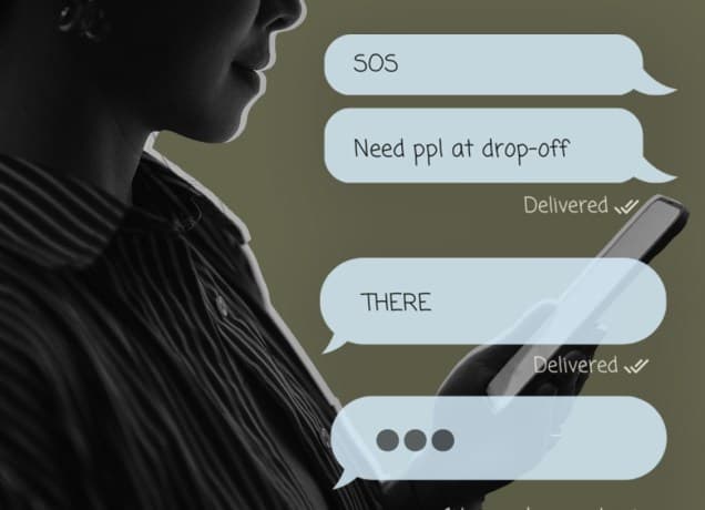 A silhouette of a mother holding a phone with overlay of the mom group chat