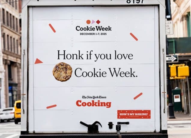 new york times cooking cookie week 2025: new york times cooking cookie week truck on a nyc street that reads "honk if you love cookie week"