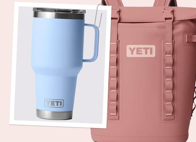 Yeti Amazon Sale 2026: Blue Yeti Rambler cup and pink Yeti cooler backpack