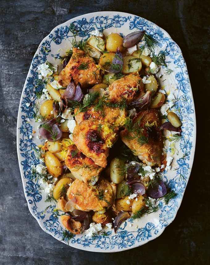 easy dinner party recipes: chicken with feta, cheese, dill, lemon, and harissa yogurt