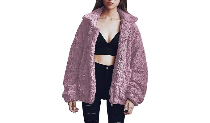 Best Amazon coats: A woman wears a fluffy lavender coat