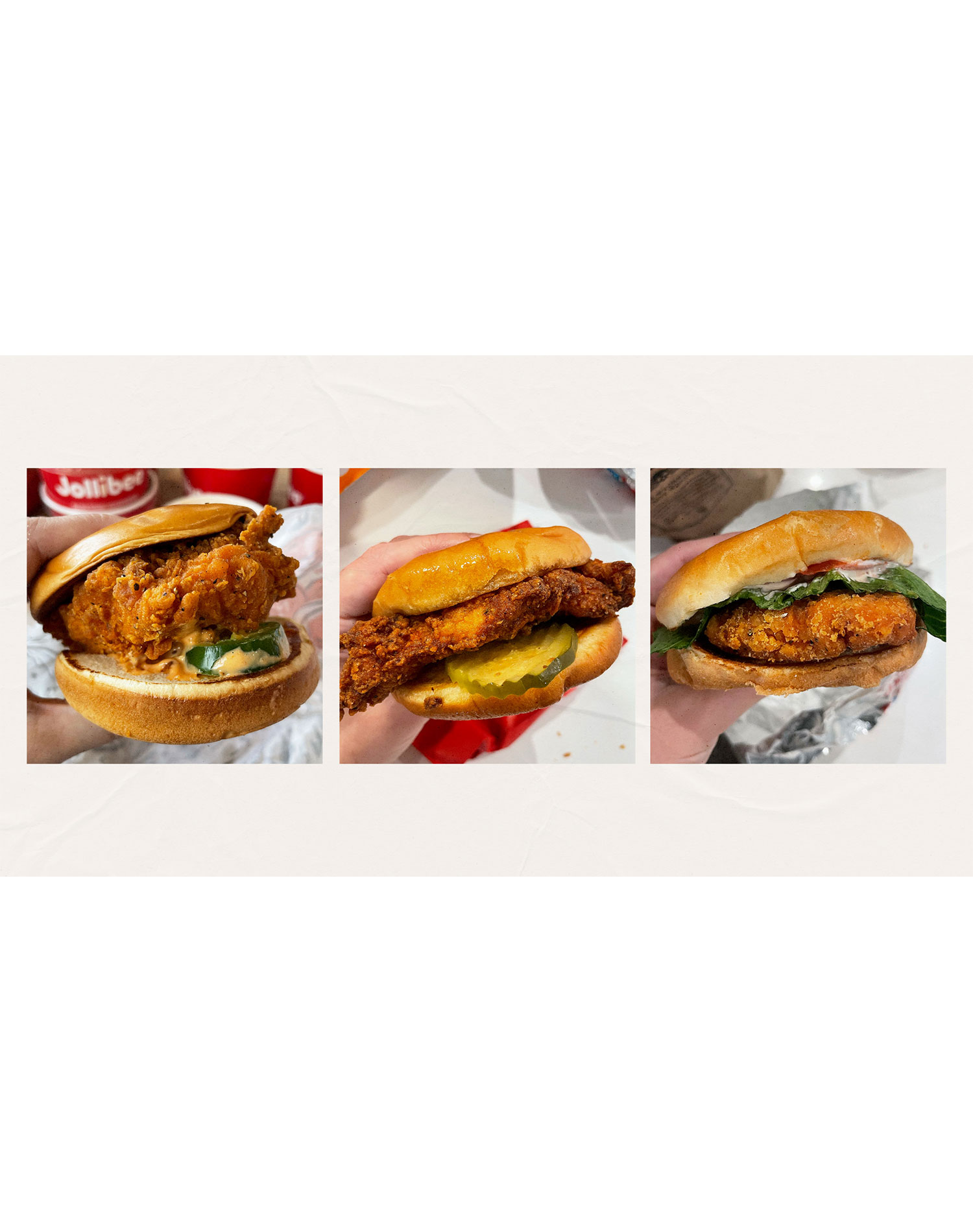 best fast food spicy chicken sandwiches: spicy chicken sandwiches from jollibee, chick-fil-a and wendy's, side by side