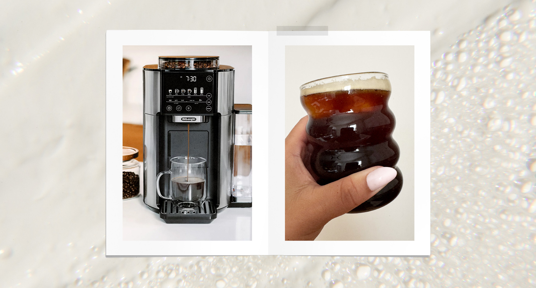 de'longhi truebrew coffee maker review: de'longhi truebrew coffee maker and hand holding iced coffee, side by side