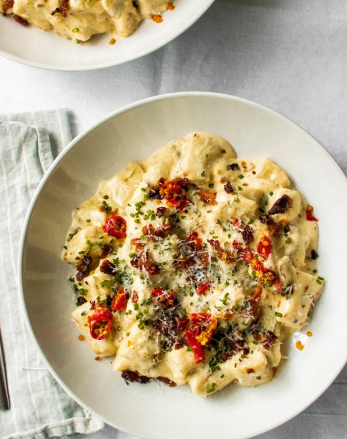 easy gnocchi recipes: truffle ricotta gnocchi with bacon, calabrian chili and chive