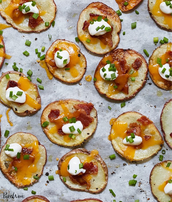graduation-party-ideas: baked potato chips topped with cheese, sour cream, chives and bacon.