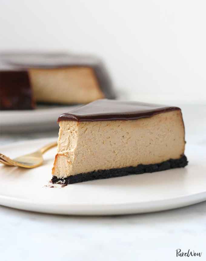 high-protein desserts: chocolate-glazed espresso cheesecake