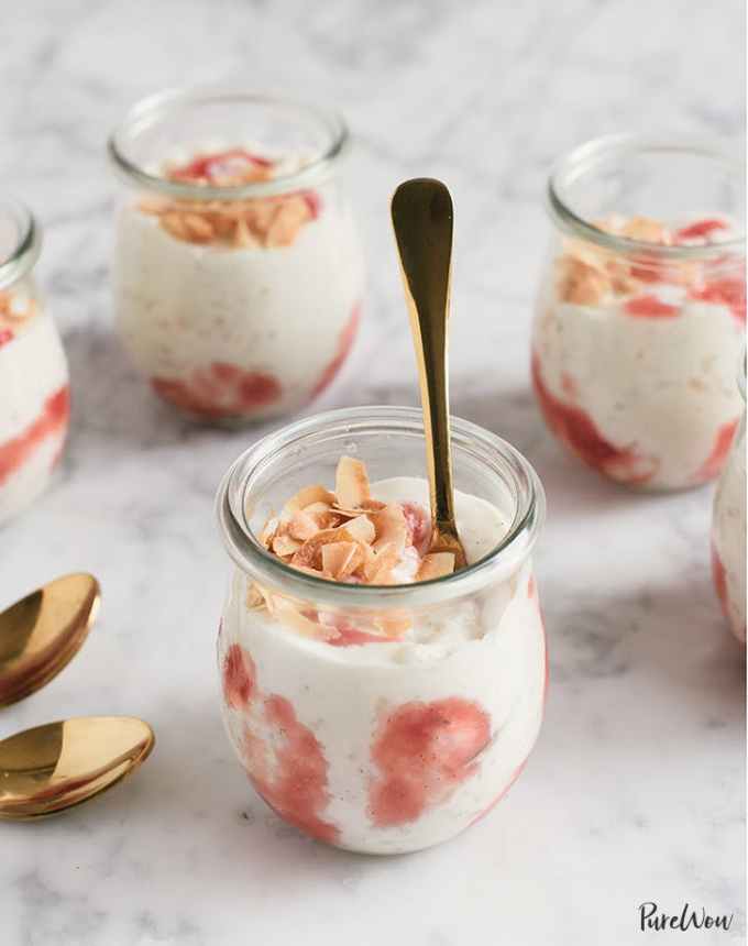 high-protein desserts: coconut rice pudding with rhubarb