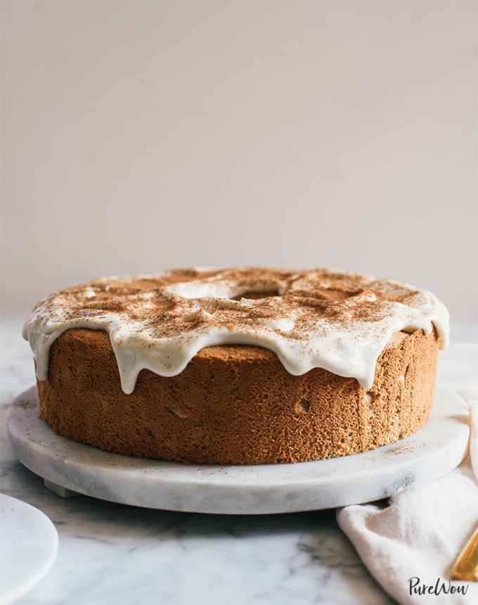 high-protein desserts: pumpkin angel food cake with cream cheese glaze