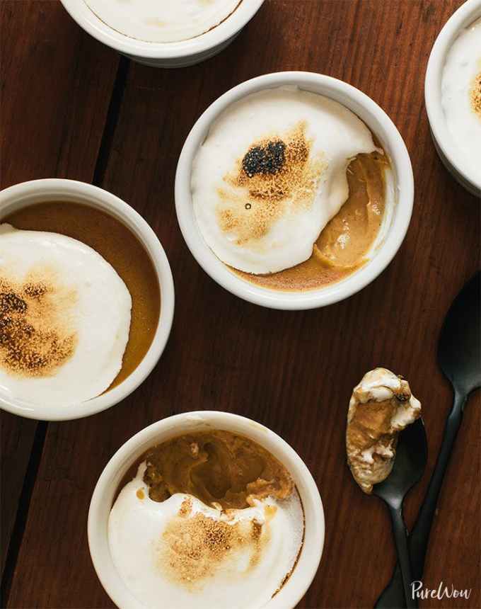 high-protein desserts: sweet potato pots de creme with toasted marshmallow fluff