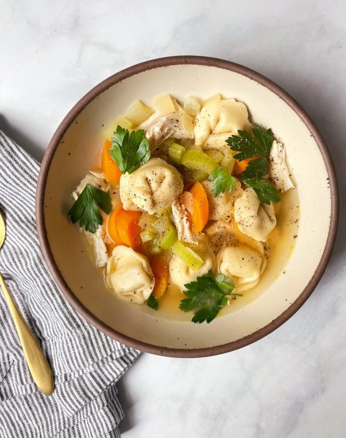 high protein soups: chicken tortellini soup