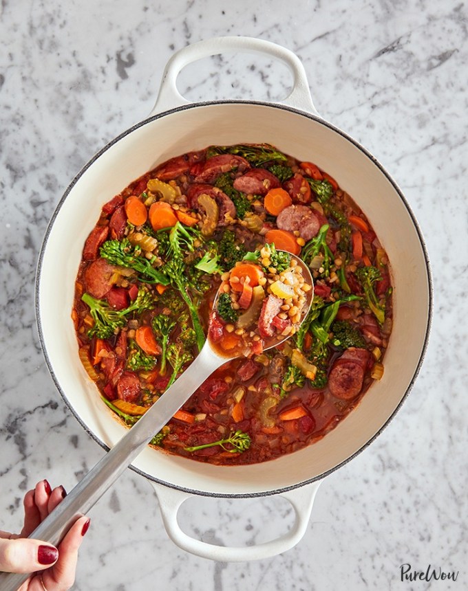 high protein soups: easy one-pot lentil kielbasa soup
