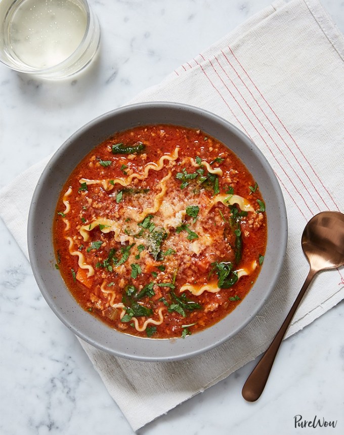 high protein soups: lasagna soup