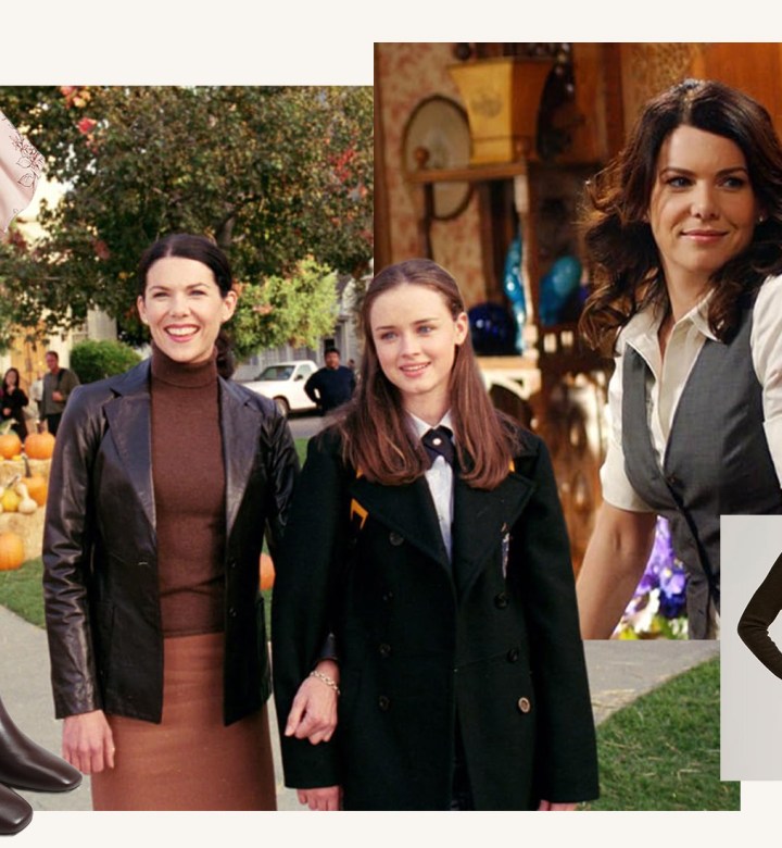 Lorelai Gilmore Style: Collage featuring Lorelai and Rory Gilmore from 'Gilmore Girls' and fall clothes inspired by the character