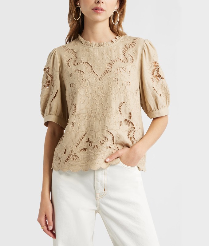 The Treasure & Bond Embroidered Cutwork Puff-Sleeve Top.