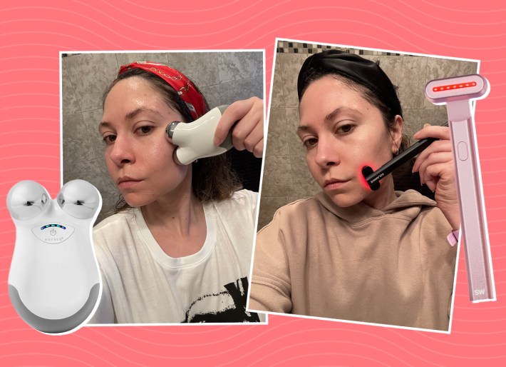 NuFACE vs Solawave Review: Woman using NuFace device and Solawave device on face