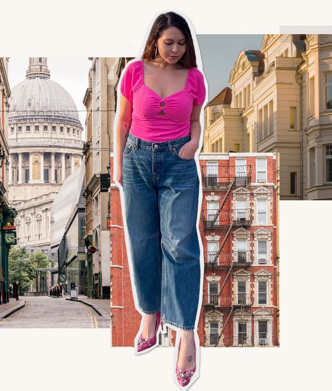 How to Wear Barrel Jeans as a Petite: Editor Stephanie Maida in Pink top looking down