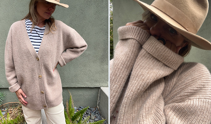 Quince vs. Jenni Kayne cashmere cardigan review: Two pics of testing Quince sweater