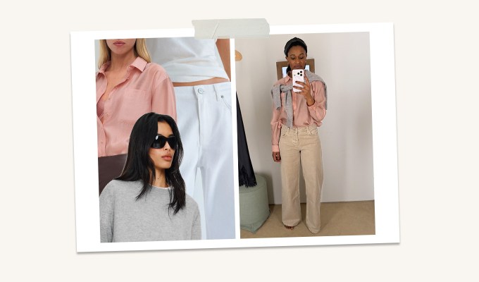 reformation spring collection try on eli oversized shirt cashmere boyfriend sweater and cary low rise