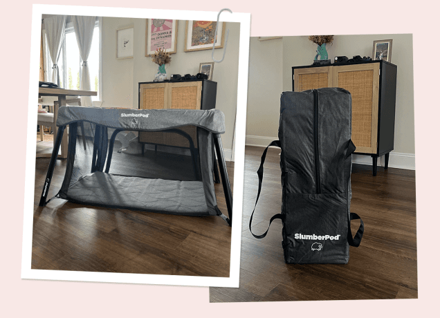 slumbergo travel crib open and in backpack