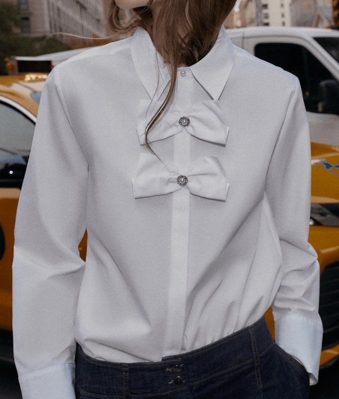 Eloise Bridgerton Bow Neck Trend: White bow button-down